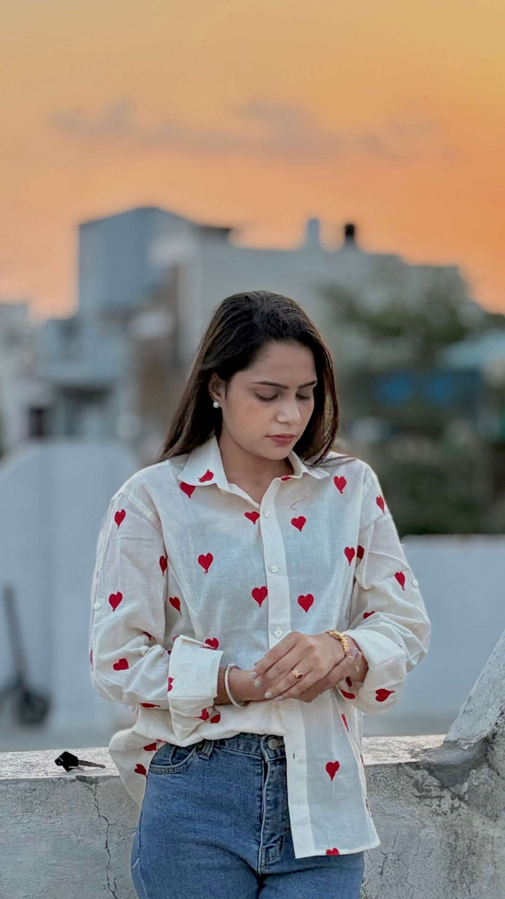 Heart embroidery cotton shirt